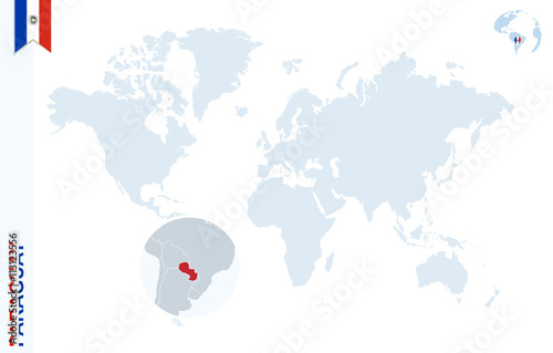 Blue world map with magnifying on Paraguay.