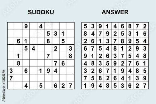 Vector sudoku with answer. Puzzle game with numbers.