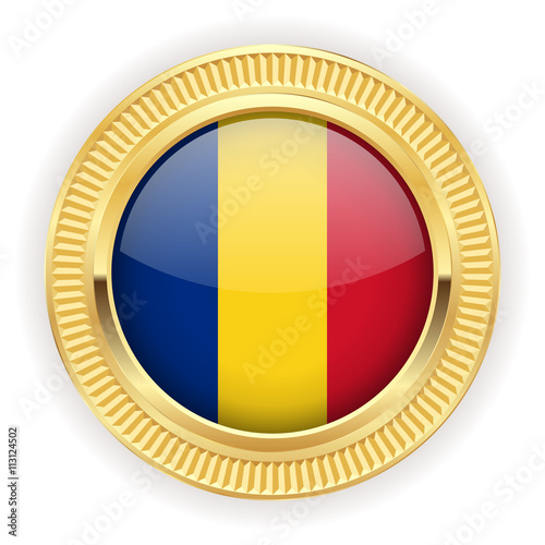 Runder Button mit rumänischer Flagge und silber Rand 