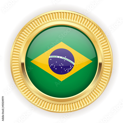 Runder Button mit brasilianischer Flagge und goldenem Rand 