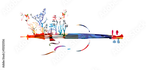 Colorful music background with violin and butterflies
