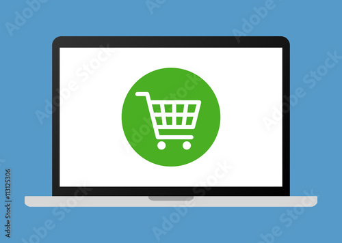Online shopping on laptop computer flat vector illustration for apps and websites