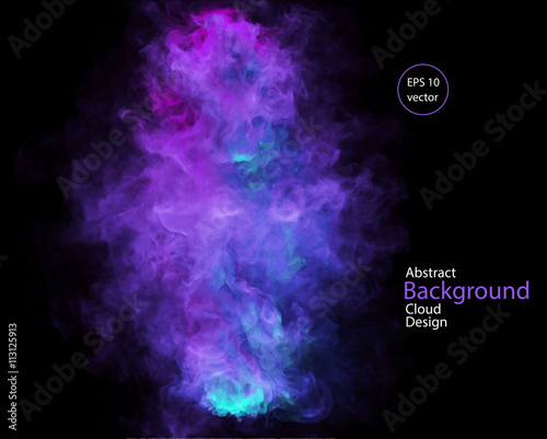 Vector abstract cloud. Smoke design. Vector illustration of deep blue, violet and purple, smoke on black. Abstract banner paints. Background for banner, card, poster, identity, web design