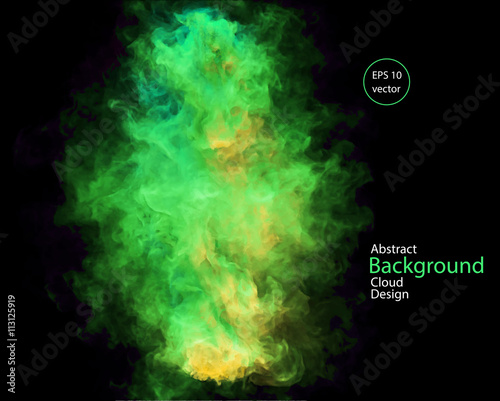 Vector abstract cloud. Smoke design. Vector illustration of yellow and green,  smoke on black. Abstract banner paints. Background for banner, card, poster, identity, web design