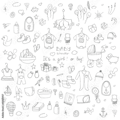Set of baby shower design vector illustration icons, hand drawn baby care elements, Baby boy and girl shower design icons, kid's clothing, toy, bib, nappy, carriage, socks, bottle, baby foot print