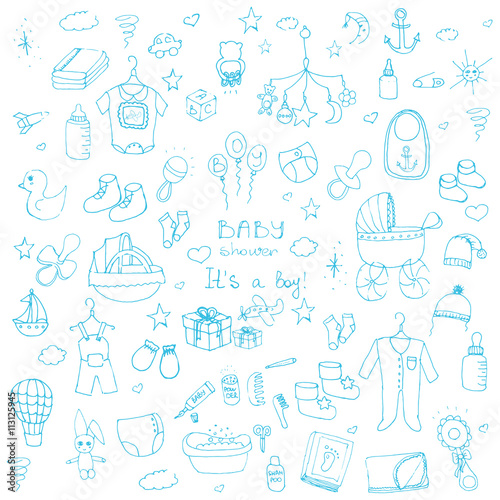 Set of baby shower design vector illustration icons, hand drawn baby care elements, Baby girl and boy shower design icons, 