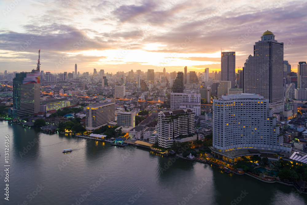 Bangkok and Chaophraya river view in the morning.