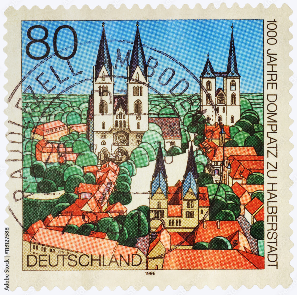 Ancient German city of Halberstadt in Saxony-Anhalt on postage s