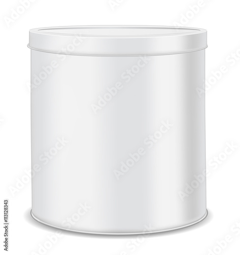 Round metal can for food, cookies and gifts.  Isolated on white