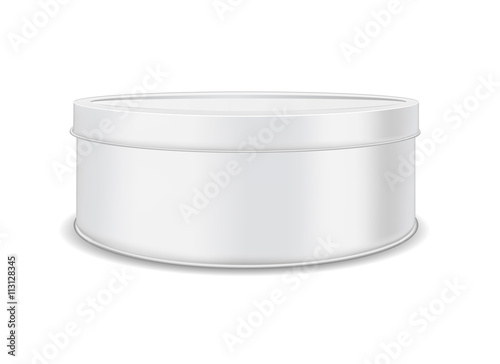 Round metal can for food, cookies and gifts.  Isolated on white