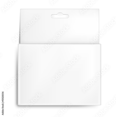 Realistic white paper packaging box with hanging hole.