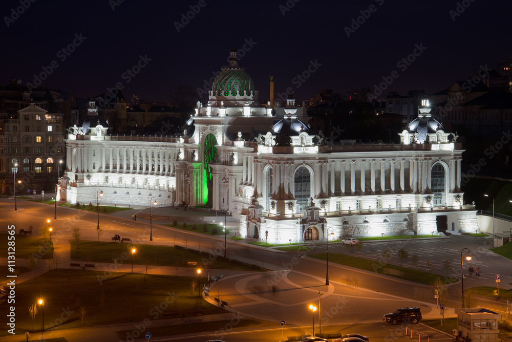 The Palace of farmers closeup in profile with lights for night illumination. Kazan