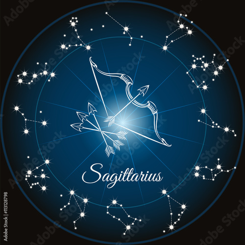 Zodiac sign sagittarius and circle constellations. Vector illustration
