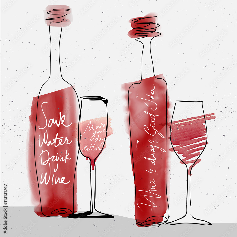 Obraz wine glass and bottle, red watercolor sketched silhouette