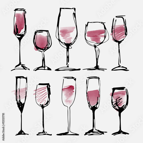 Wine glass set - collection sketched watercolor wineglasses and silhouette