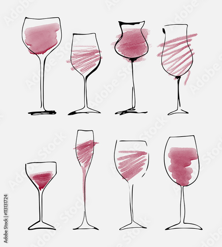 Wine glass set - collection sketched watercolor wineglasses and silhouette