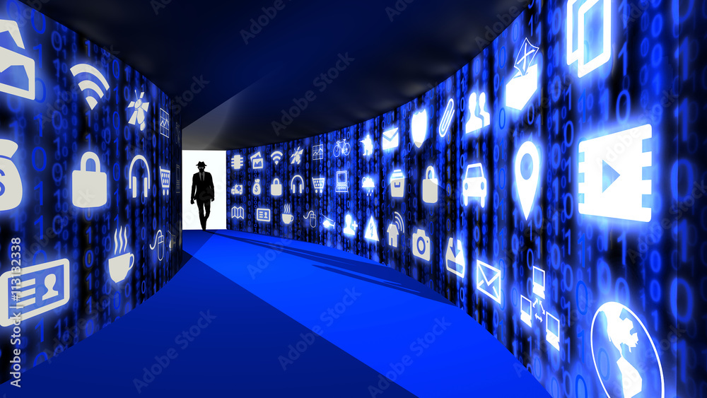 Φωτογραφία A silhouette of a hacker with a black hat in a suit enters a hallway with walls