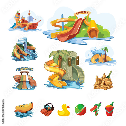 Icion set of Water slides in an aquapark