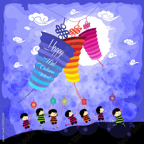 Mid Autumn Festival background with kids playing lanterns