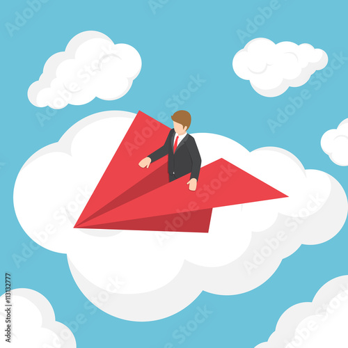 Isometric businessman on paper airplane above the cloud