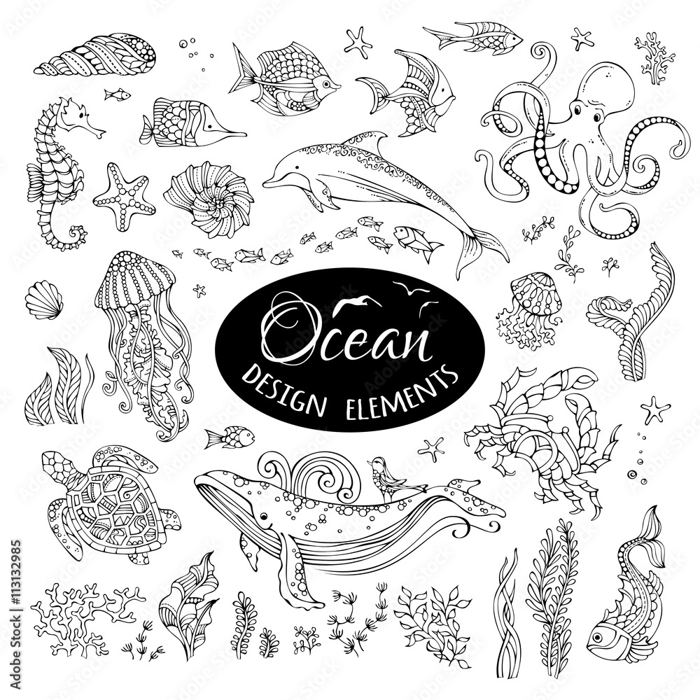 Fototapeta premium Vector set of doodles underwater ocean design elements.