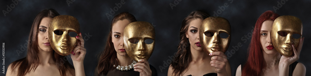 women hiding faces behind golden masks