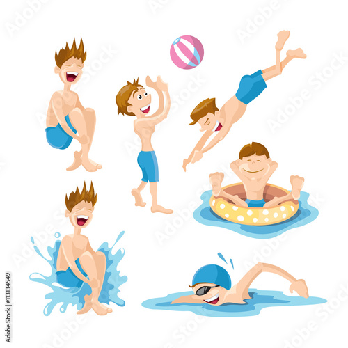 Boys play and swim in the pool
