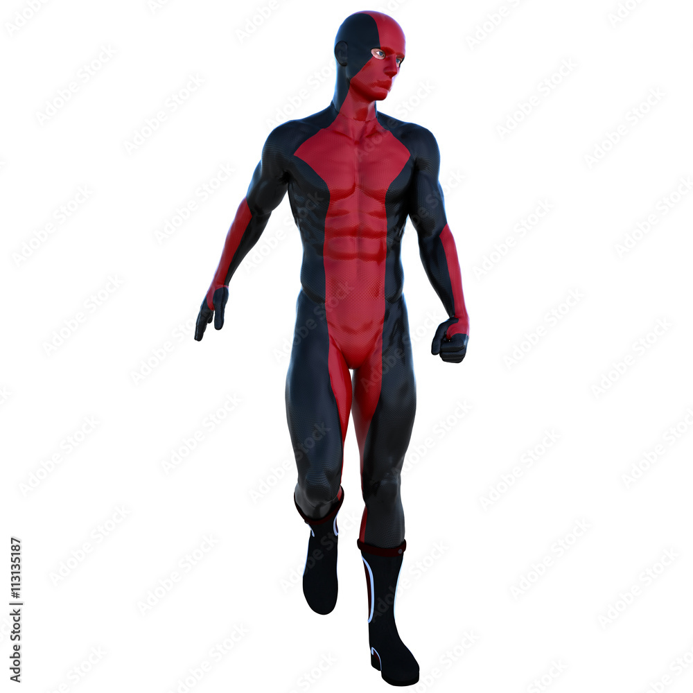 a young man in red black super suit. Goes to camera. Head to left. Latex