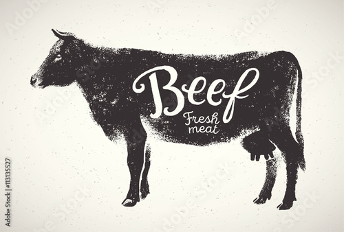 Graphical silhouette cow and inscription. Vector illustration, drawn by hand. Can be used as labels and packaging.