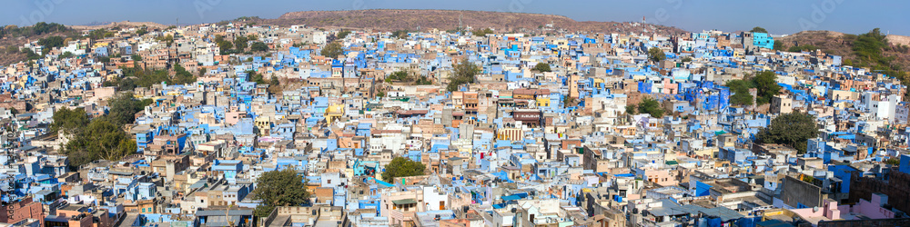 Jodhpur, the Blue City seen from Mehrangarh Fort, Rajasthan, India, Asia. Panorama