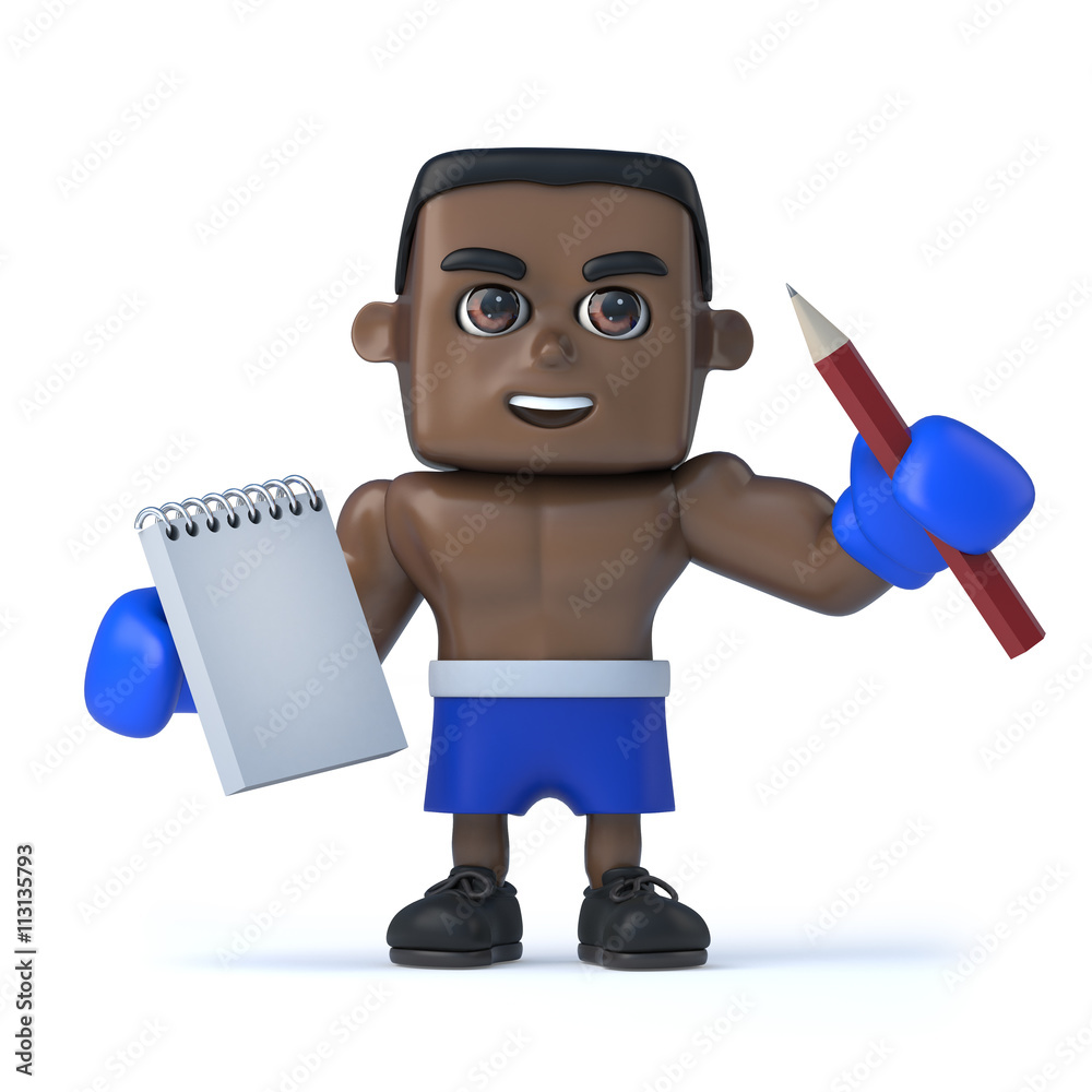 3d Black boxer takes notes