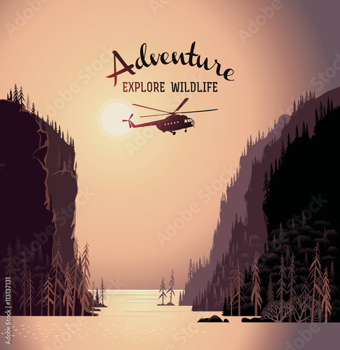 Mountain landscape from lakes and design element with silhouette helicopter. Taiga. Evening light sunset. Illustration about expedition.