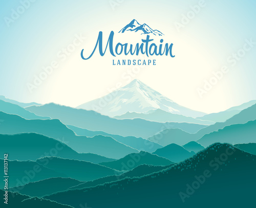 Mountain landscape. The silhouettes of the mountains against the dawn. And the elements of the logo.