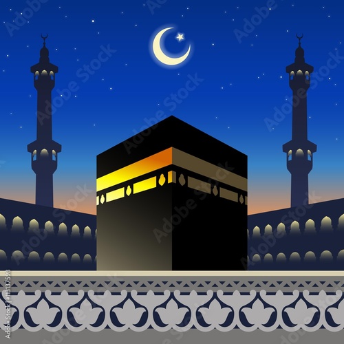 Moonlight Kaaba and mosque silhouette on arabic geometric patter