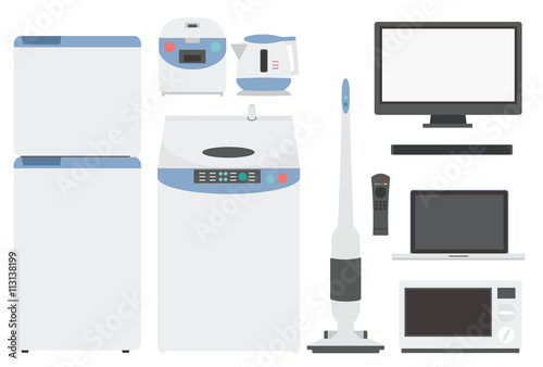 Vector set : Home appliances(vacuum cleaner, cooker, vacuum cleaner, refrigerator, computer, microwave, remote control, pot)