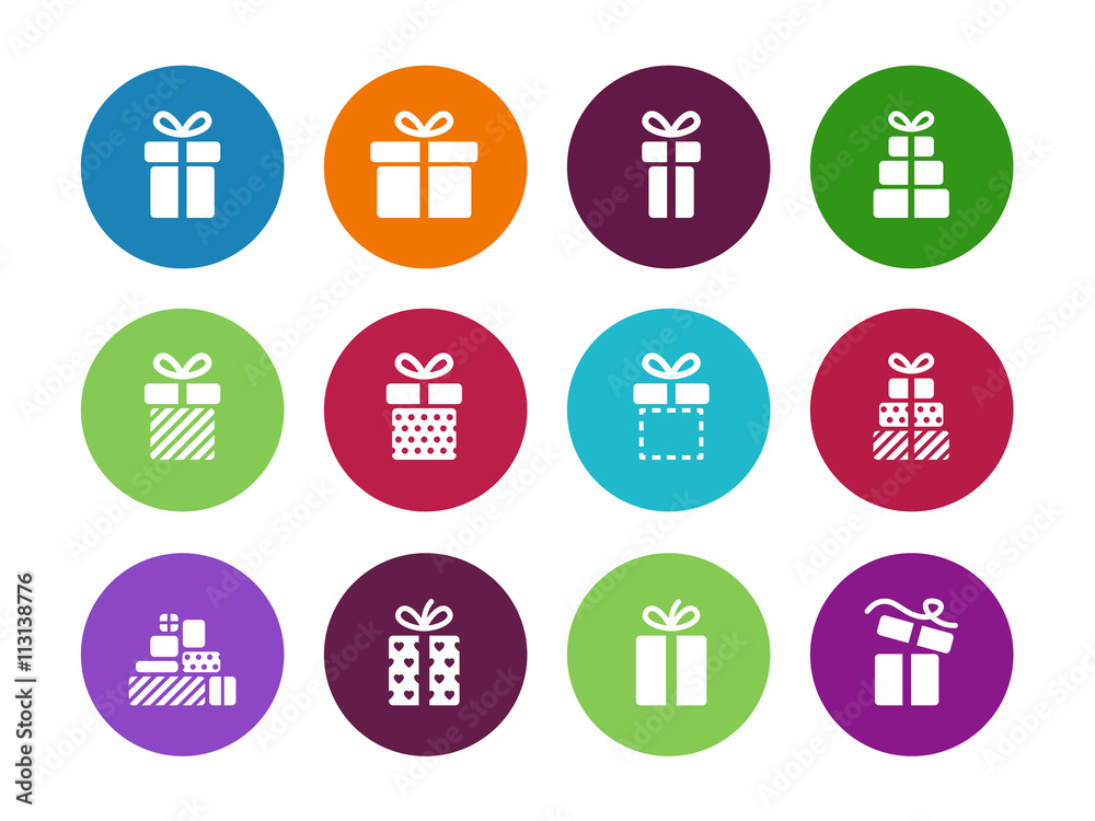 Gift package circle icons on white background.