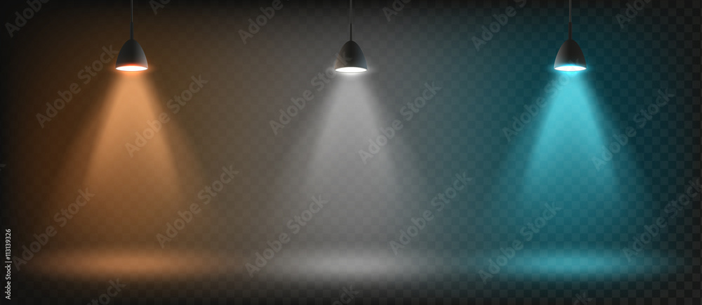 Artificial illumination lamps, vector graphics, glow effect, element, design tool, sunshine, illustration for presentations, electrical lighting, background for your design. - obrazy, fototapety, plakaty 