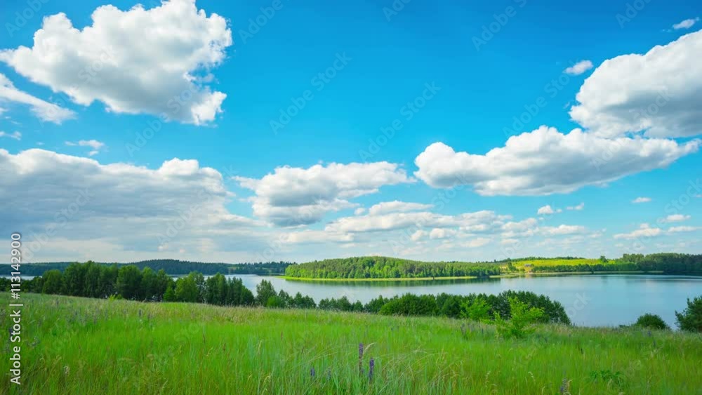 Summer landscape with a lake, panoramic timelapse Summer landscape with a lake, panoramic timelapse