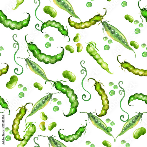  Vintage watercolor seamless pattern - from plants and vegetables. Beans, beans, peas, pod. Completed in watercolors. It can be used for packaging, textiles and other design 