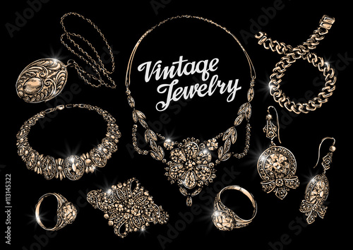 jewelry. hand drawn bracelet, rings, pendant, necklace, chain, brooch, earrings.