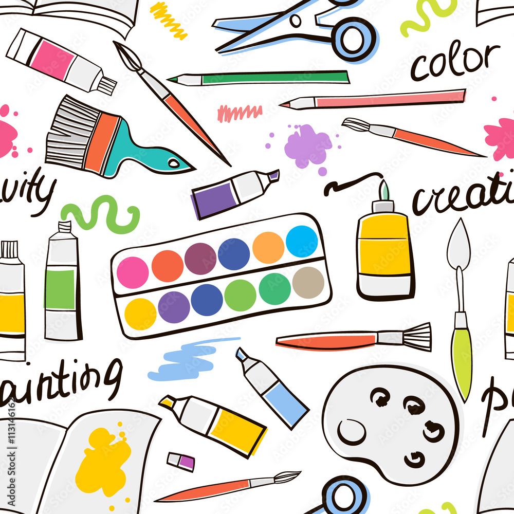 Seamless texture with art materials. Doodle art material background