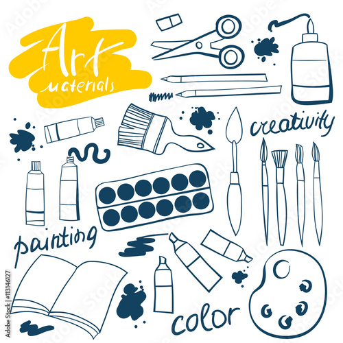 Doodle art materials collection. Hand drawn art icons set. Vector Illustration