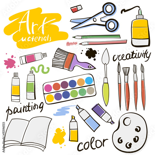 Doodle colored art materials collection. Hand drawn art icons set. Vector Illustration