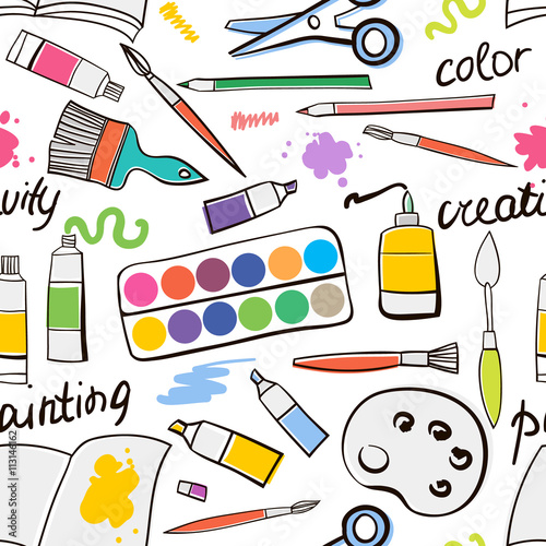 Seamless texture with art materials. Doodle art material background. Vector Illustration