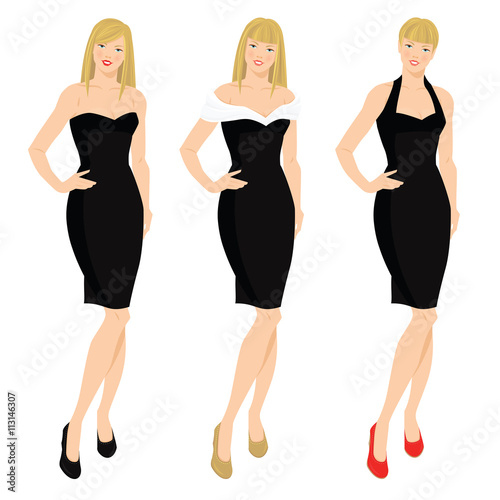 Vector illustration of elegant women in various model of little black dress. Blonde girl with different hairstyles