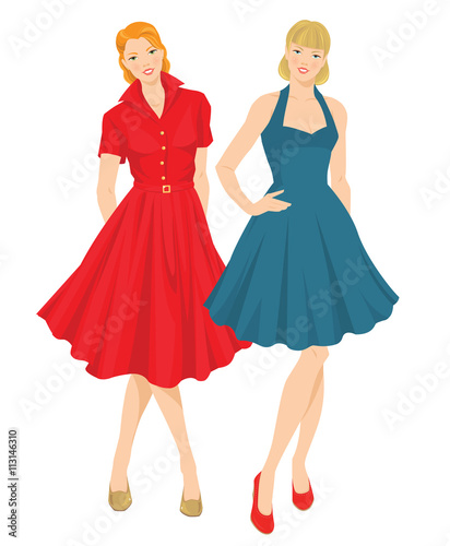 Vector illustration of pretty girls in elegant blue and red dress. Fifties style of clothes