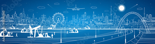 City infrastructure panorama, petroleum industrial landscape, road under the bridge, vector design neon lines town