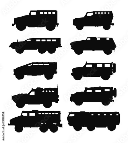 Combat military transportation silhouettes set. Vector EPS10. © alexdemeshko