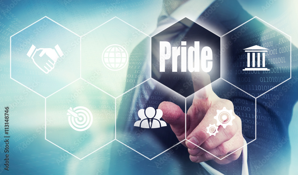 Businessman pushing a pride concept button. Businessman pushing a pride concept button.