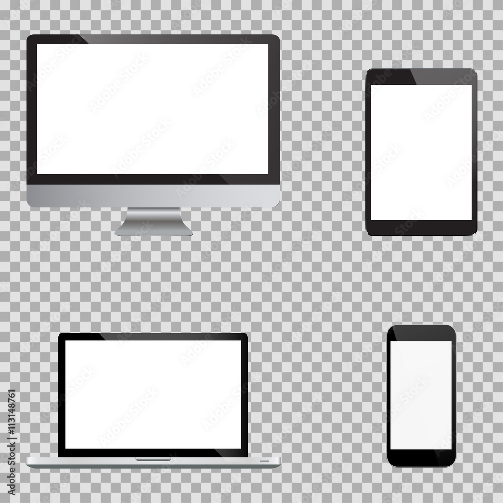 Set of realistic computer monitors, laptops, tablets and mobile phones. Electronic gadgets, isolated, on white background